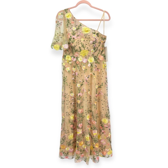 Mac Duggal NEW Yellow Floral One Shoulder Lace Embroidered Midi Dress - Size 10 - Picture 3 of 15